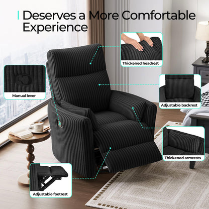 LINSY 360 Swivel Recliner Chair, Nursery Glider Rocking Chair with 2 Pillows, Corduroy Nursing Chair Comfy High Back Adult Rocker Recliner for Small Spaces, Nursery Bedroom Living Room (Black)