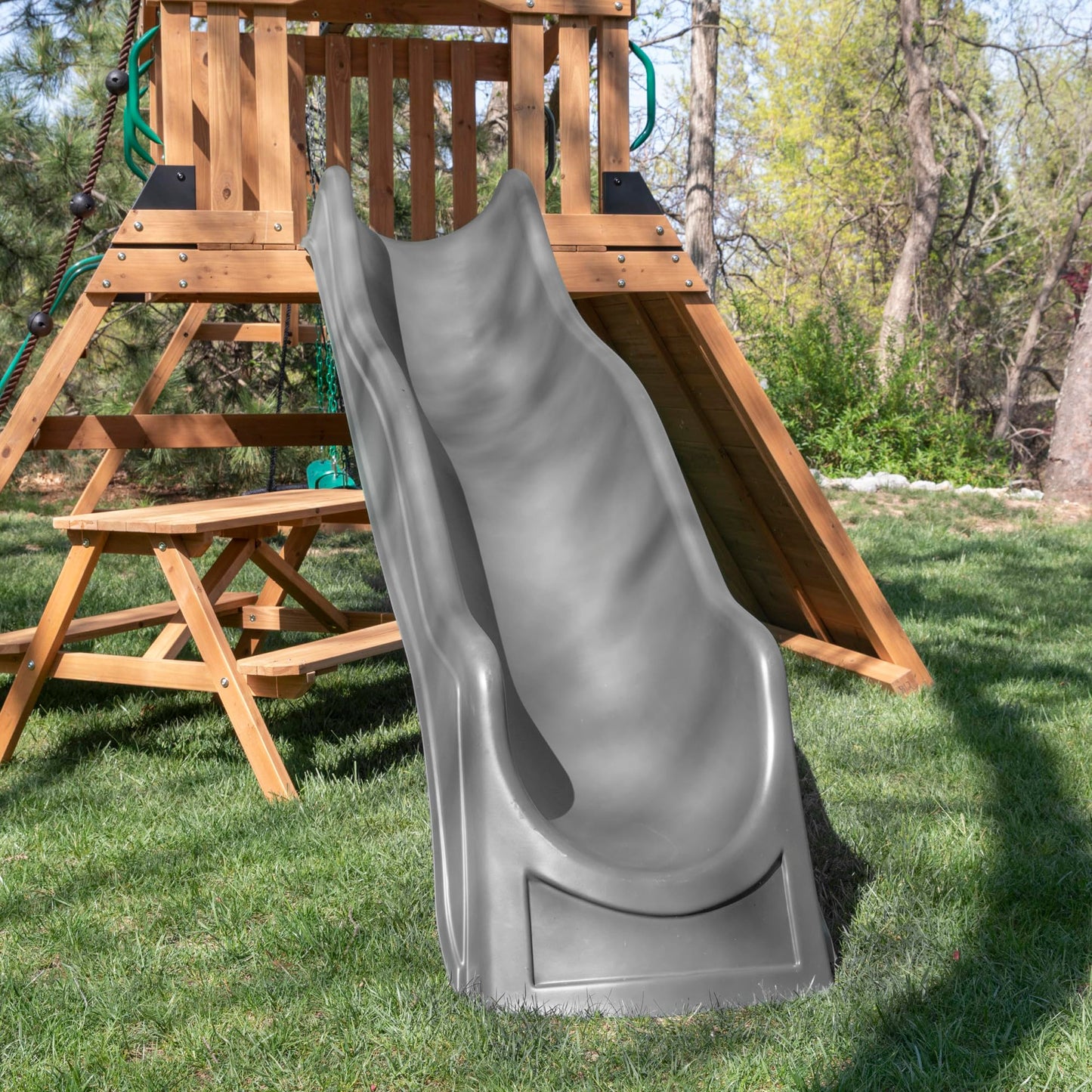 Backyard Discovery Endeavor II Cedar Wood Swing Set with Wave Slide, Play Deck, Double Rock Wall, Picnic Table, Climbing Wall, Belt Swings, Web Swing, Toy Telescope, Step Ladder, Outdoor Playset