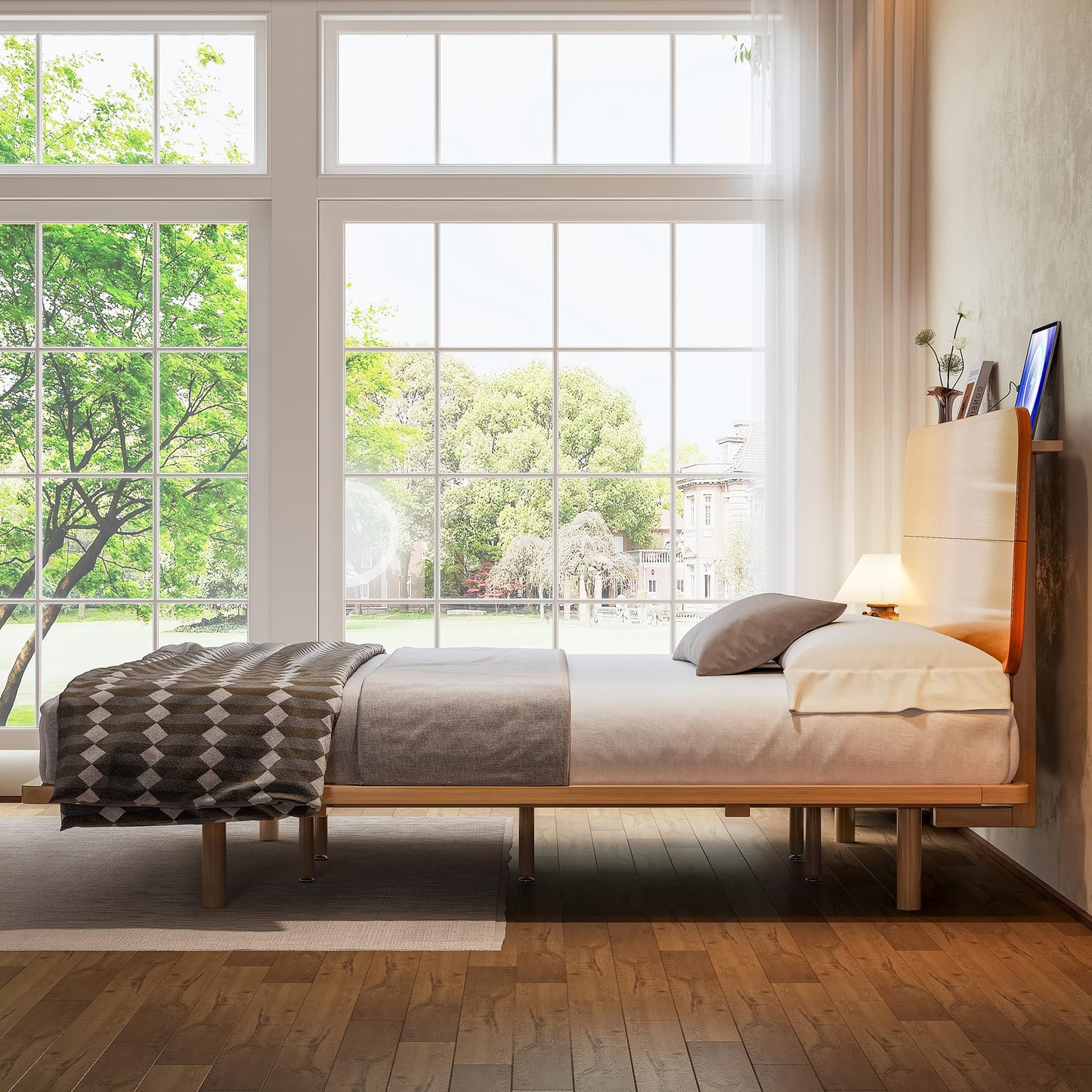 KEIKI King Size Bamboo Platform Bed with Headboard and USB Ports, Mid-Century Modern Floating Bed Frame with Solid Support Slats, No Box Spring Needed, Easy Assembly, Noise Free, for Bedroom, Natural