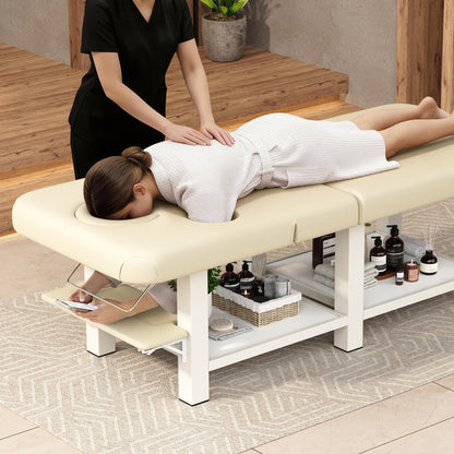 Extra Large 34 in × 80 in Folding Stationary Massage Table with Adjustable Backrest & Armpit Opening , Heavy-Duty Metal Frame Treatment Bed for Spa, Physical Therapy, Tattoo, Facial - Beige Gray