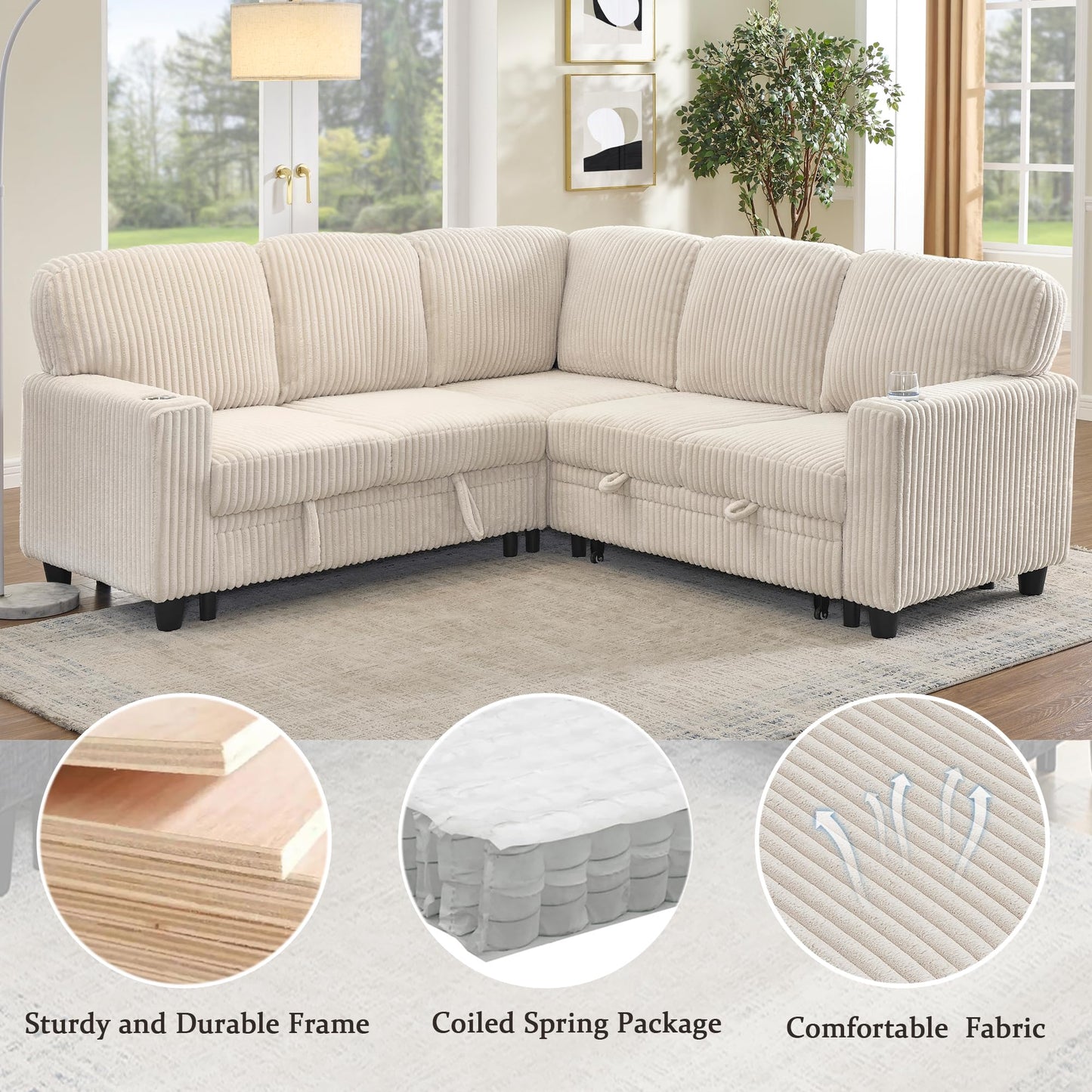 ERYE L-Shaped Symmetrical Sleeper Sectional Sofa W/Pull Out Sleeper Couch Bed and Storage Seat for Living Room, Corduroy Tufted Corner Convertible Sofa Bed with USB-C Ports