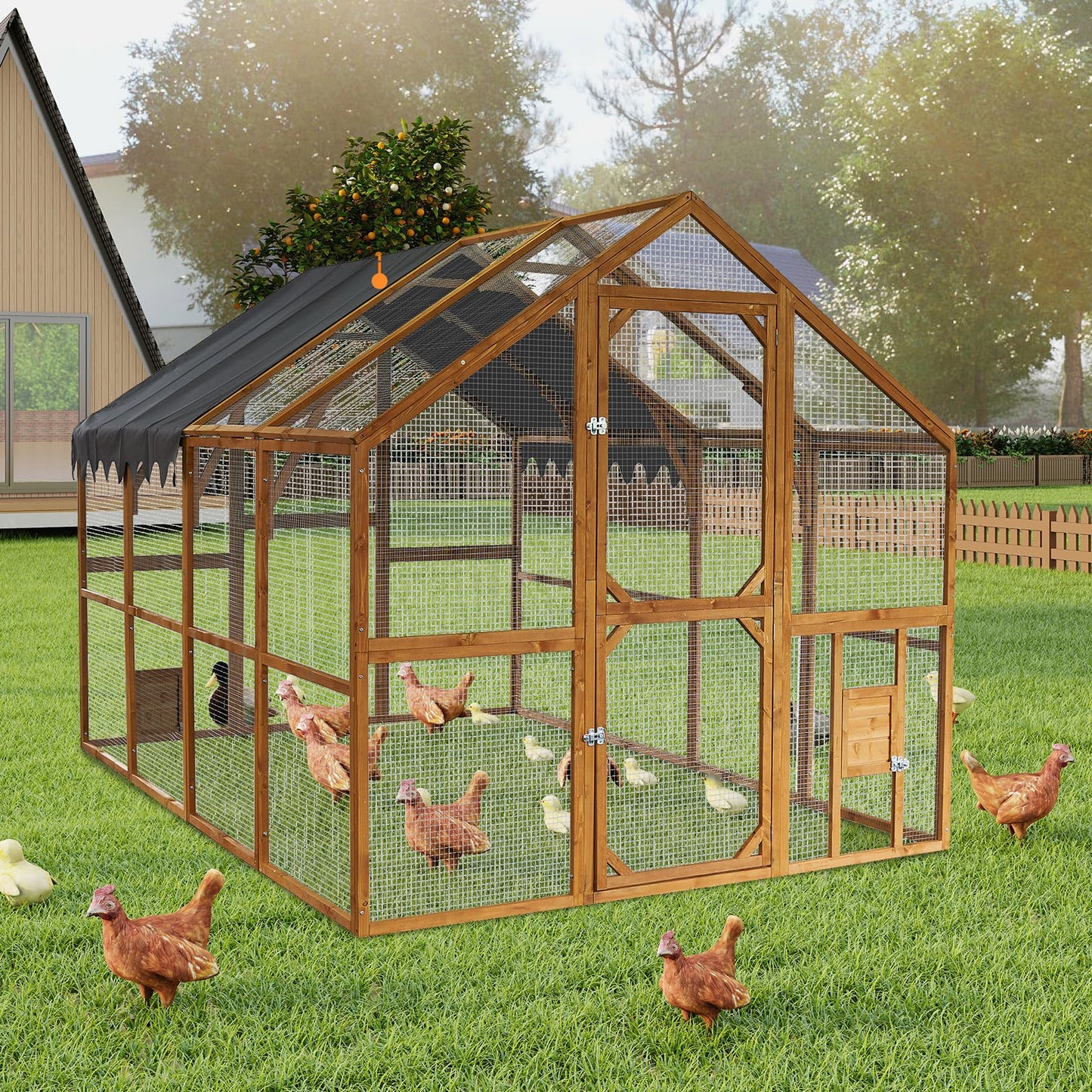 KEIKI Chicken Coop, 9.3 x 6.2 x 6 FT, Large Wooden Chicken Run with Waterproof Cover, Outdoor Walk-in Hen House, for Backyard Farm, Yellow
