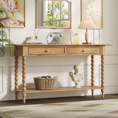 Christopher Knight Home Zeka Narrow Console Table with Storage, Wood Entryway Table with 2 Drawers and 1 Bottom Shelf, Retro Display Table with Unique Spherical Legs for Hallway, Living Room, Natural