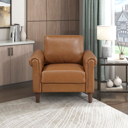 Lexicon 35" W Living Room Accent Chair, Faux Leather Upholstered Armchair with Rolled Armrest for Bedroom/Office/Waiting Room, Single Sofa Chair, Brown