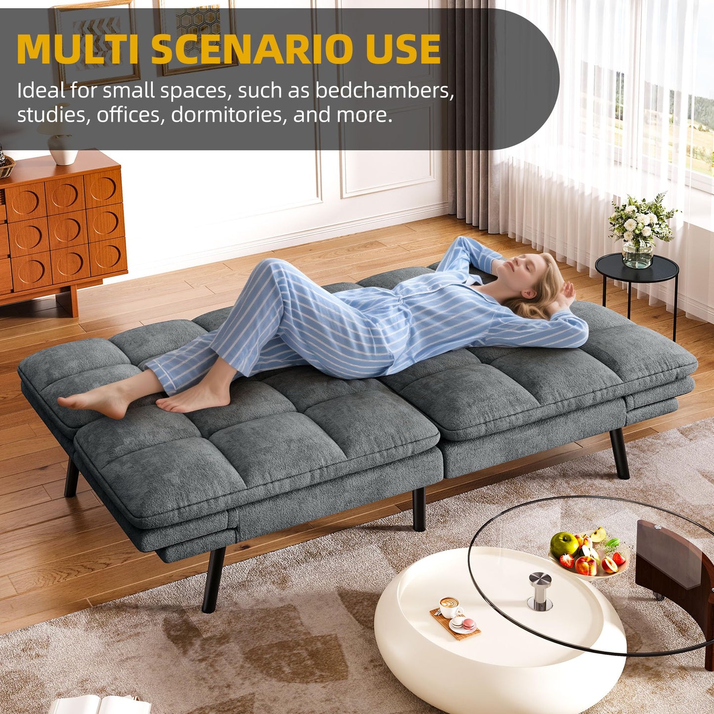 DWVO 70" Convertible Futon Sofa Bed, Folding Futon Set for Living Room Home Office Aprtment, Modern Futon Couch with Adjustable Backrest & Armrests, Recliner Lounge, Loveseat Sofa