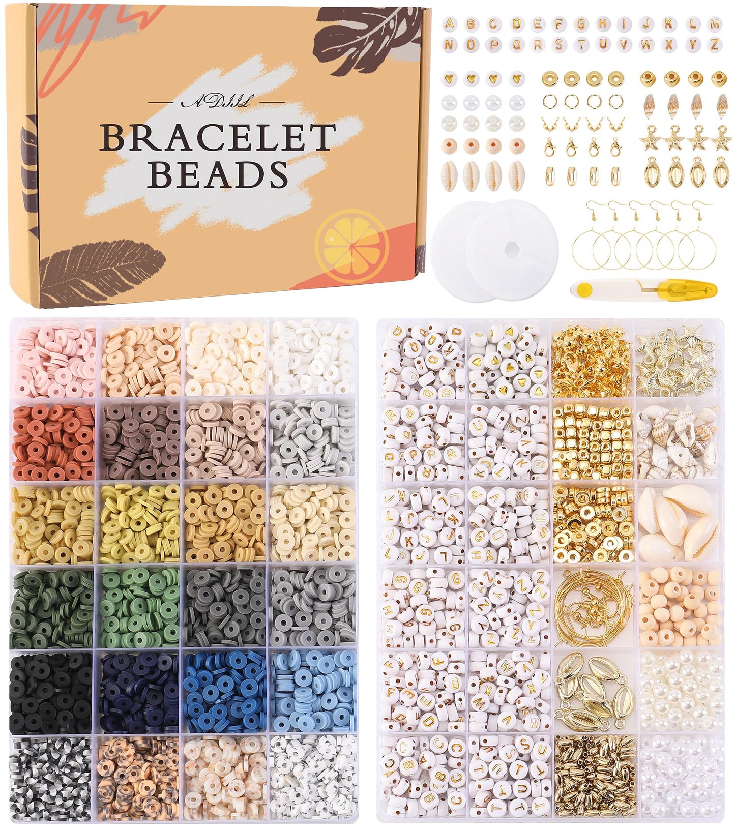 ADIIL 7200 Pcs Clay Beads Friendship Bracelet Making Kit, 24 Colors 6mm Polymer Heishi Beads, Neutral