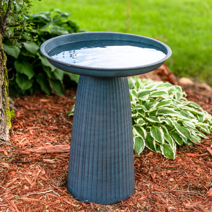 Sunnydaze Gleeful Garden 23" Iron Pedestal Bird Bath for Outside - Modern Shallow Basin Birdbath for Outdoors with UV-Protected Rust-Resistant Finish for Patio, Garden, Yard Decor - Matte Blue