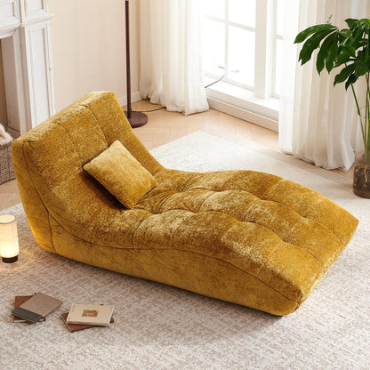 Huadeo Chaise Lounge Chair with Curved Back, Modern Upholstered Recliner Sofa, Tufted Accent Lounger Comfortable Lazy Chair for Bedroom, Apartment (Yellow)