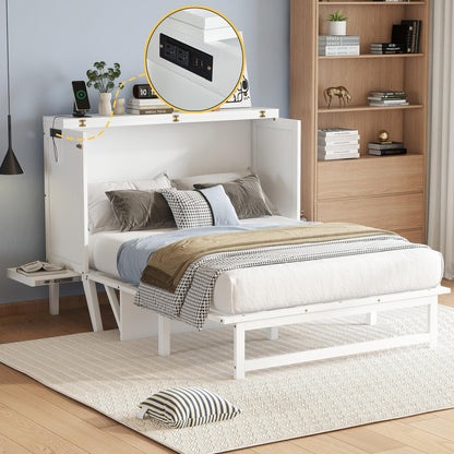KEIKI Full Size Murphy Bed with USB Port and Removable Shelves on Each Side, Solid Pine Murphy Cabinet Bed for Home Office, Guest Room,White