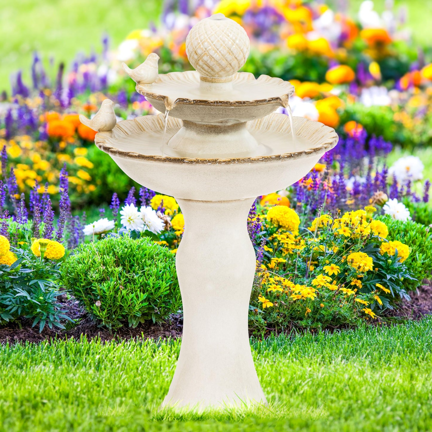 Sunnydaze 27" H 2-Tier Ceramic Water Fountain - Outdoor Water Feature for Patio, Yard, Balcony - Garden Fountain - White