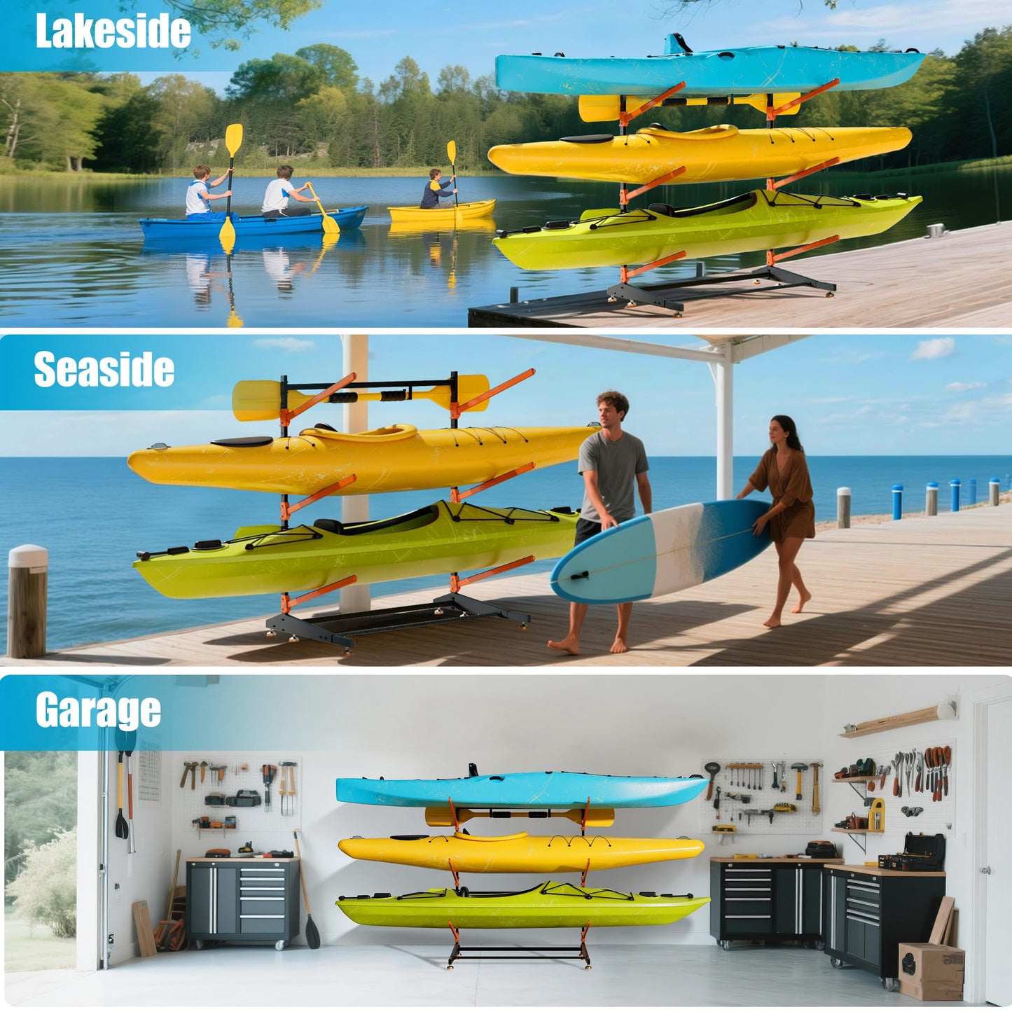AlloyLake 3-Tier Freestanding Kayak Storage Rack, Heavy Duty Outdoor Canoe Stand for Garage & Dock, 330 lbs Capacity, Rust-Proof 304 Stainless Steel Hardware (Orange)