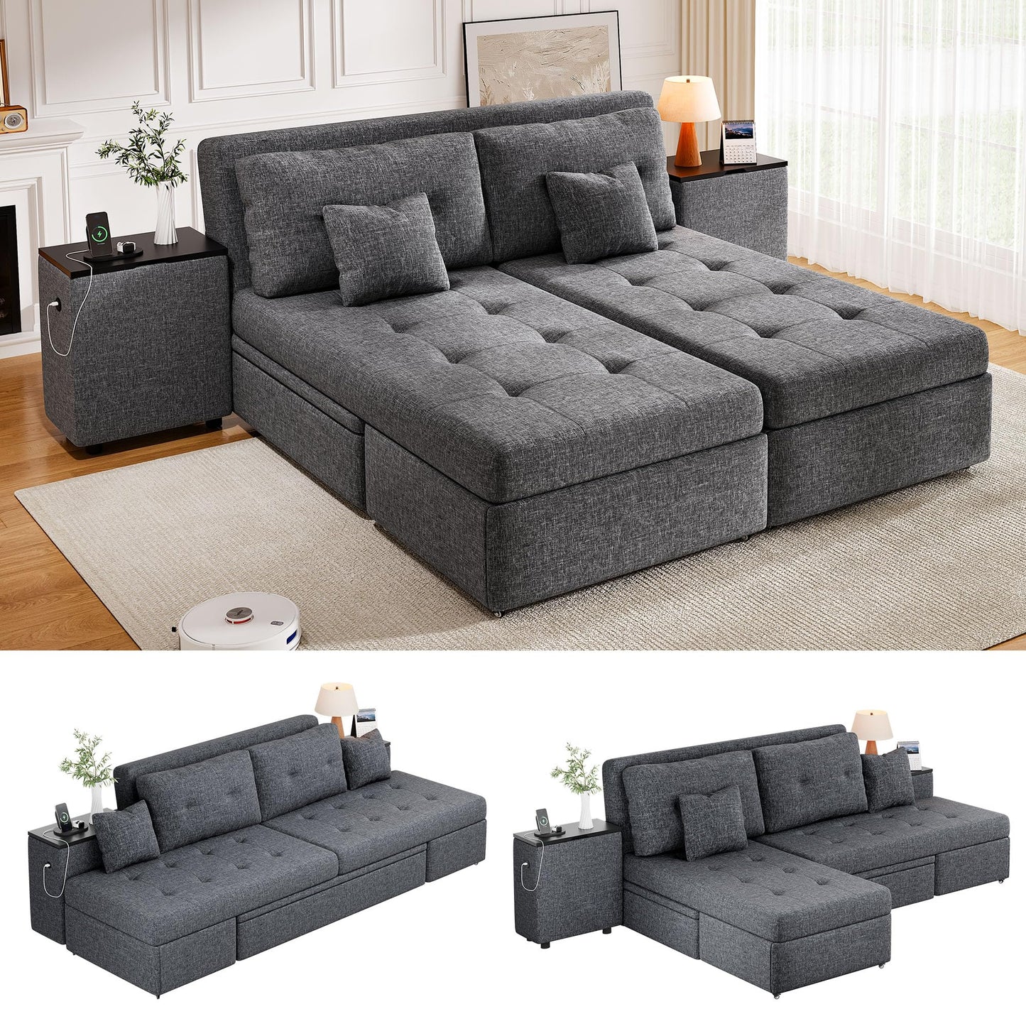 DWVO Queen Size Sofa Bed, 5-in-1 Multi-functional Convertible Sleeper Sofa with 2 Storage Cabinet Nightstand & USB Ports, 100" Sectional Sofa Couch with 2 Comfy Pillows for Living Room Apartment, Grey