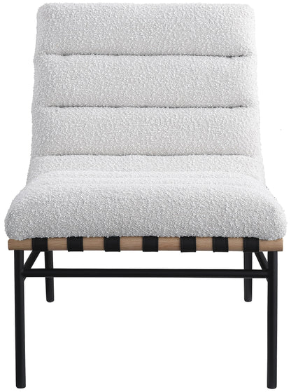 Meridian Furniture 411Cream Burke Collection Modern | Contemporary Accent Chair, Rich Cream Boucle Fabric, Black Vegan Leather Straps, Matte Black Metal Frame, 24.5" W x 29.5" D x 31.5" H, Cream