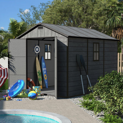 UDPATIO Resin Storage Shed 7.5x10.7 FT, Outdor Plastic Shed for Garden Tools Pool Equipment, Outside Sheds with Lockable Door for Backyard, Patio, Lawn, Dark Grey