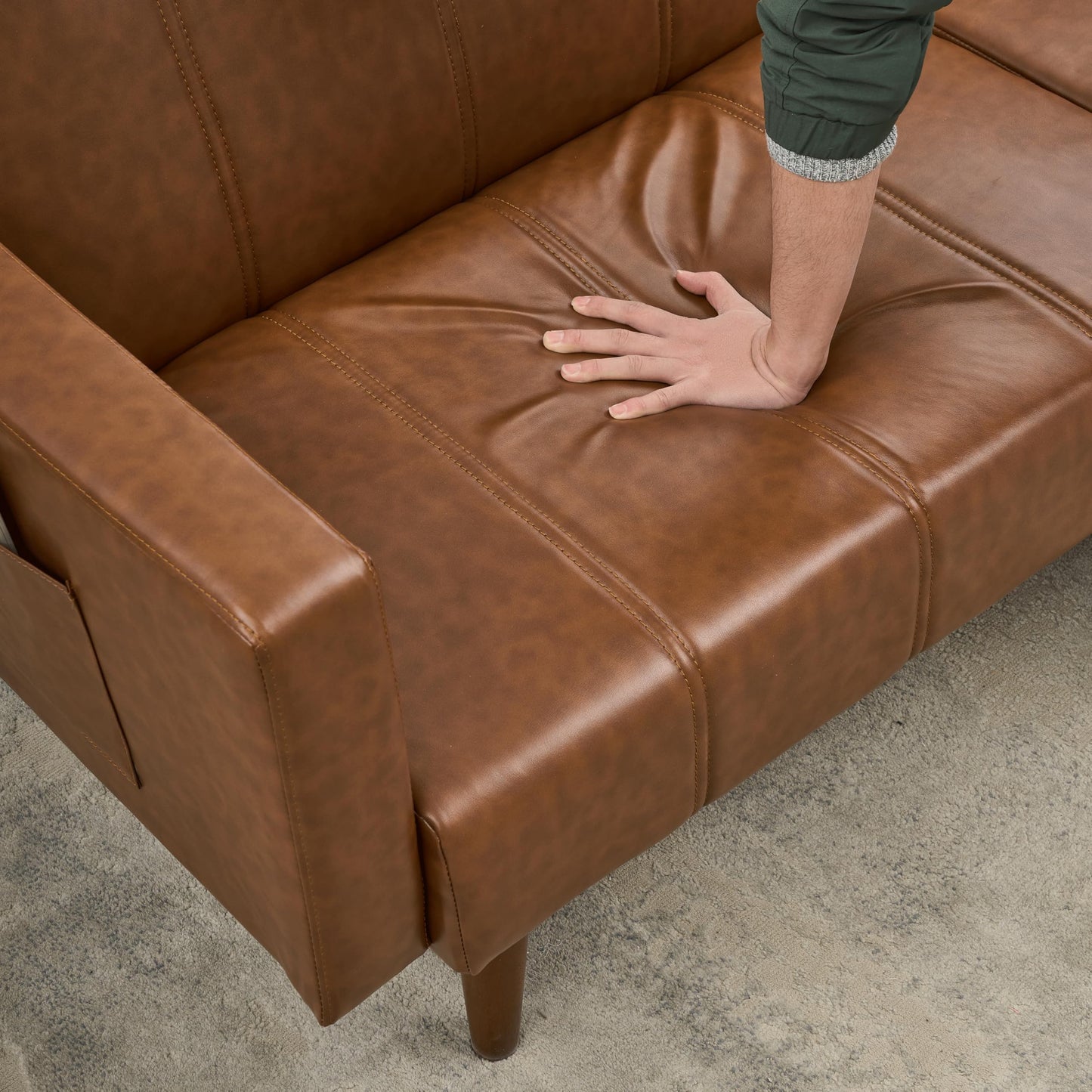 Garvee Modern Futon Sofa Bed, Convertible 75" Sleeper with Adjustable Backrest & Side Pockets, Mid-Century Brown PU Leather