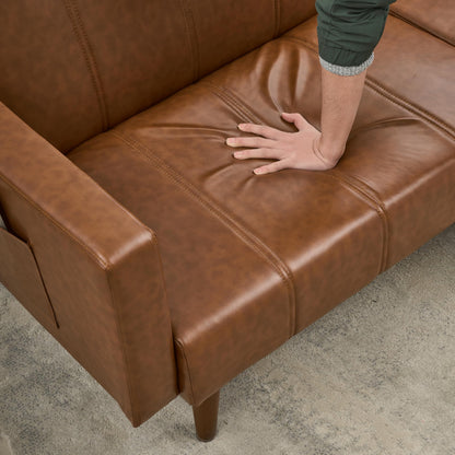 Garvee Modern Futon Sofa Bed, Convertible 75" Sleeper with Adjustable Backrest & Side Pockets, Mid-Century Brown PU Leather