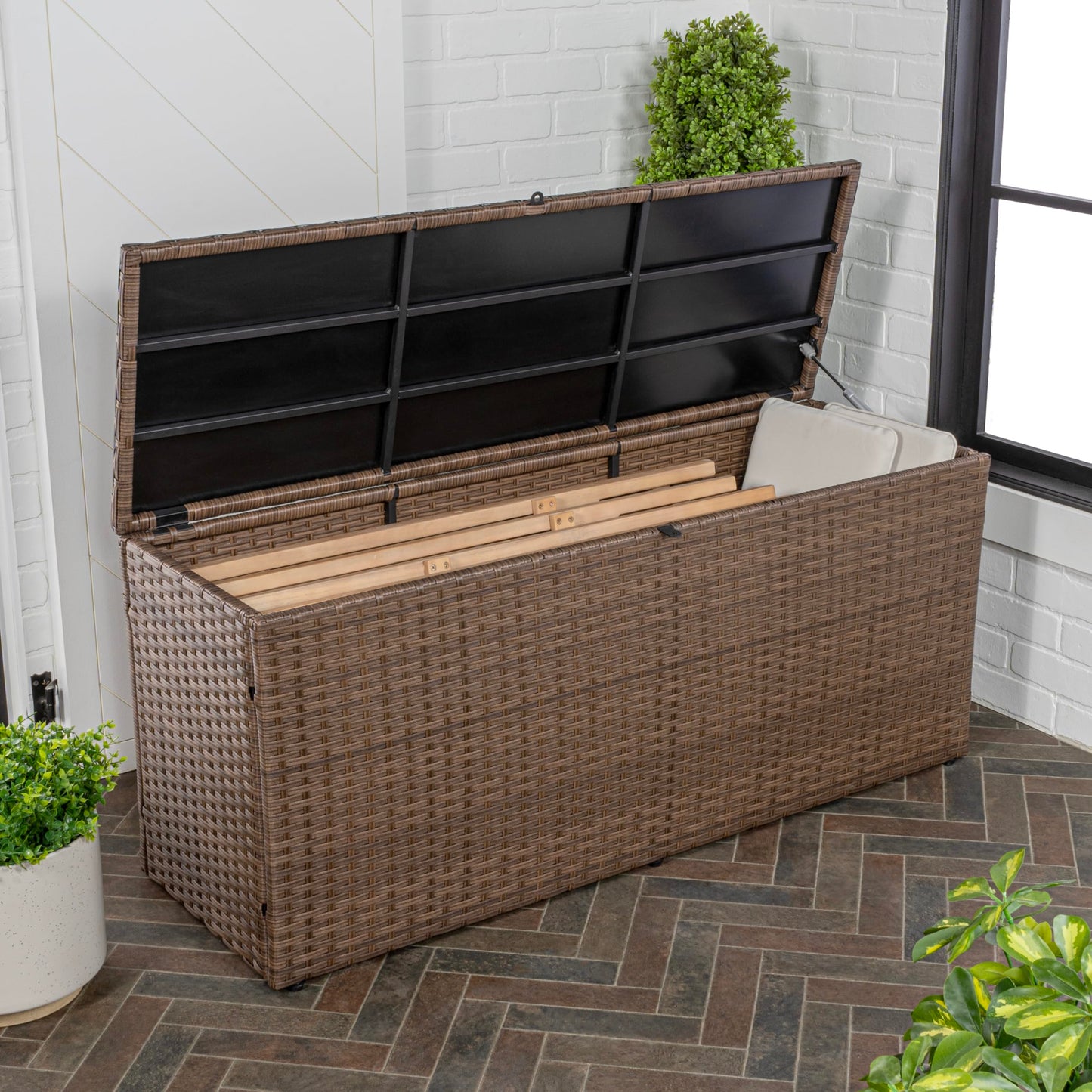 happimess TRK1002B Nino 59.06" Modern Minimalist Outdoor Faux Wicker Deck and Patio Storage Box, Brown, Soft-Close, for Package Delivery, Patio Furniture, Cushions, Gardening Tools, Pool Supplies