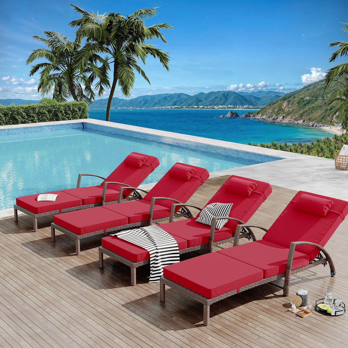 GarveeLife 2-Piece Rattan Patio Folding Chaise Lounge, 5-Position Adjustable Backrest Outdoor Lounge Chair with Cushion and Pillow for Poolside, Backyard, Deck, Porch, Red