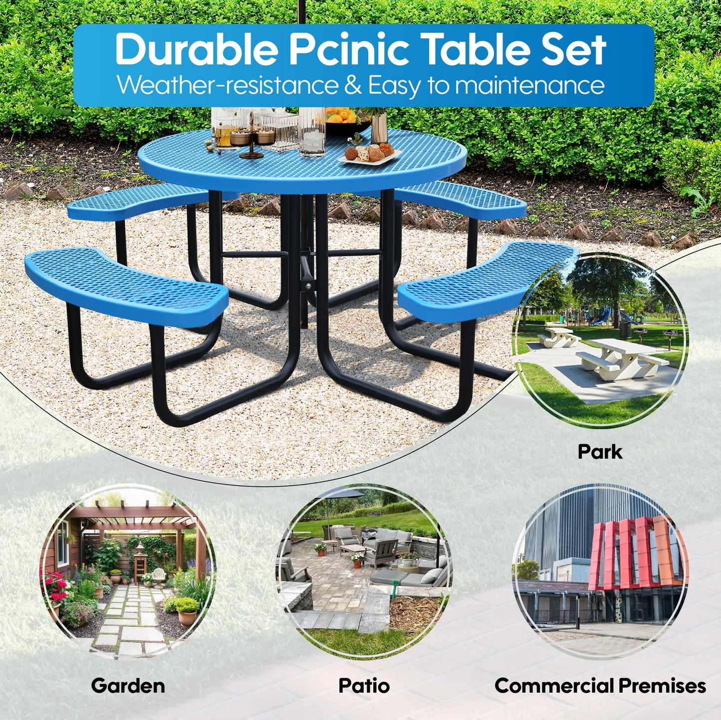 Sunnibety 8-Person Picnic Tables for Outdoors, Industrial 46" Expanded Metal Round Picnic Table with 4 Benches & Umbrella Hole, Outside Table and Bench Set for Park, Garden, Backyard, Patio, Blue