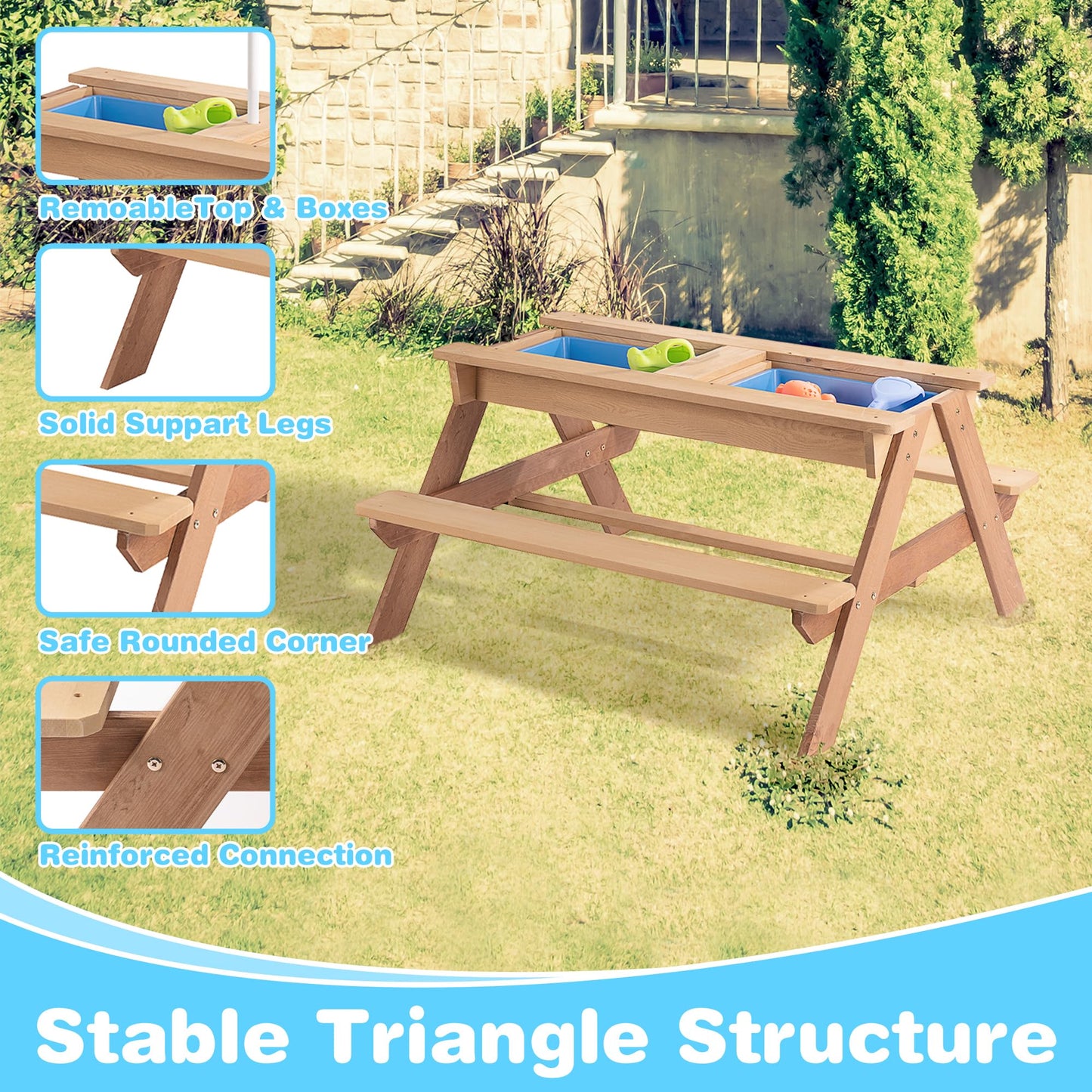 3 in 1 Outdoor Wooden Picnic Table with Umbrella, Convertible Sand Wate, Gray CPSIA Certification