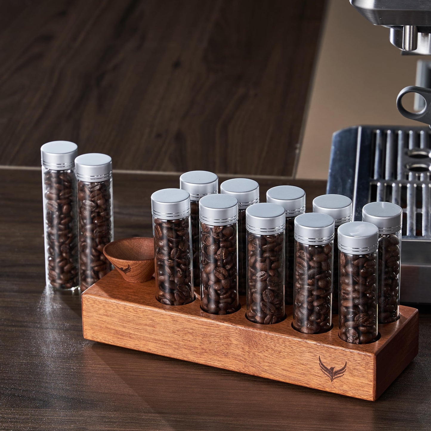 KNODOS Single Dose Coffee Bean Storage Tubes Coffee Bean Cellar 10 Pcs Dosing Glass Vials With Lids (2 Oz) Wooden Display Stand And Funnel