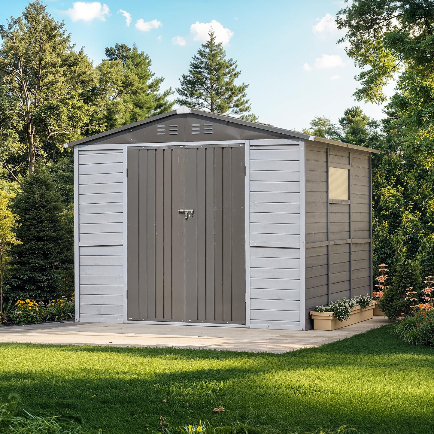 Jaxenor 8x8 FT Outdoor Wood Storage Shed, Garden Tool Shed with Windows, Outside Storage Shed Waterproof for Garden, Backyard, Patio, 4 Vents (Without Floor) Gray