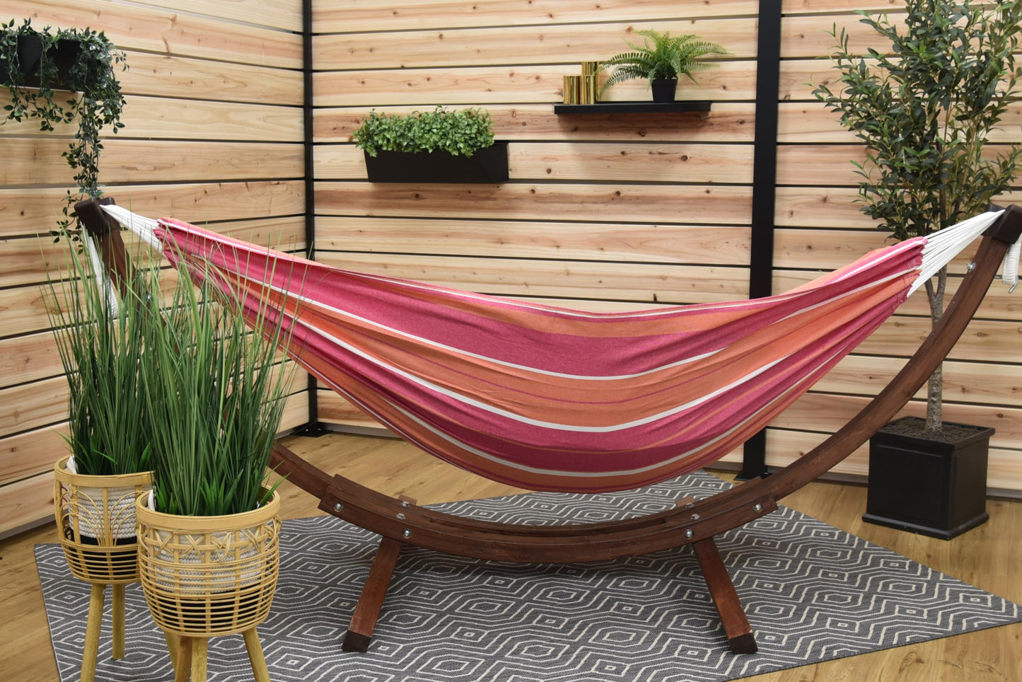 Vivere Double Cotton Hammock with Solid Pine Arc Stand - 450 lb Capacity, Durable FSC Wood Frame, Comfortable 87 Bed, Includes Hardware & User Guide (Mimosa)