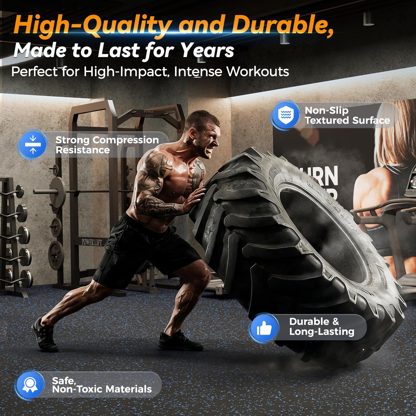SUPERJARE 1" Extra-Thick Rubber Top Exercise Mat, Puzzle Gym Flooring for Home Gym, Gym Mat for Workout Equipment, Interlocking Floor Tiles with EVA Foam, 36 Pcs 144 Sq Ft, Black/Blue