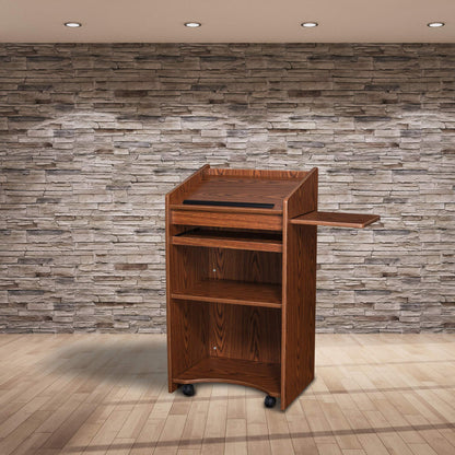 OEF Furnishings CoreCommand Series Mobile Lectern with Side Shelf (Medium Oak)
