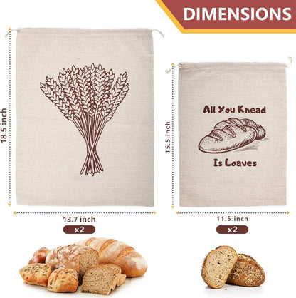 Linen Bread Bags, Pack of 4 Large and Extra Large Reusable Drawstring Bags for Homemade Artisan Bread Storage