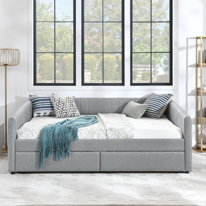 Ball & Cast Queen Size Daybed with Storage Drawers, Linen Upholstered Sofa Bed with Channel Tufted Backrest, Day Bed Frame with Wood Slats Supports, No Box Spring Needed,Grey