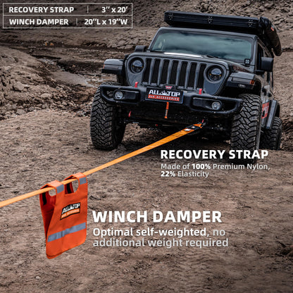 ALL-TOP Recovery Pack Extreme 11in1: Water-Resist Offroad Gear Bag with Recovery Strap Kit(3), Damper, 2 Soft Shackles, SK Hitch Mount, Forged Pulley, Deflator & Gloves