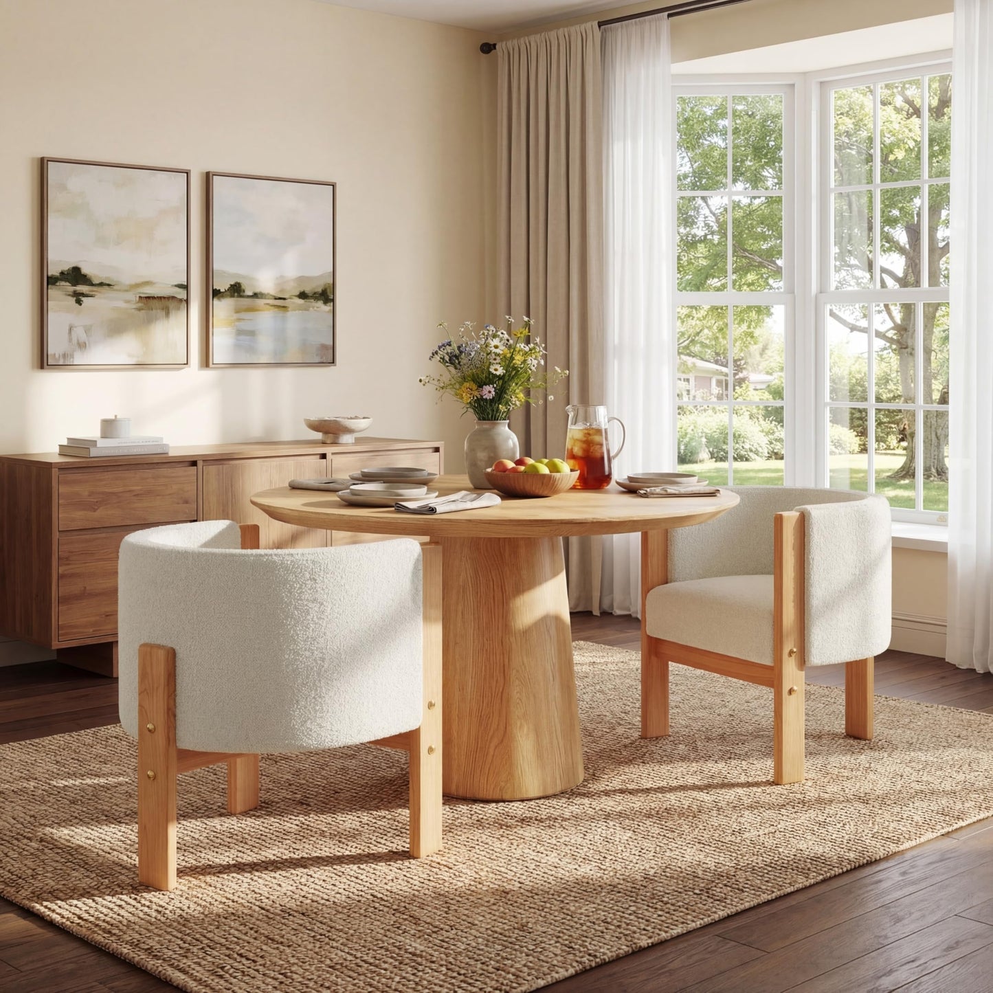 Christopher Knight Home Annie Modern Boucle Upholstered Dining Chairs Set of 2, Wooden Dining Room Armchair, Curved Backrest Kitchen Chairs, Living Room Accent Chair for Extra Seat, Natural + White