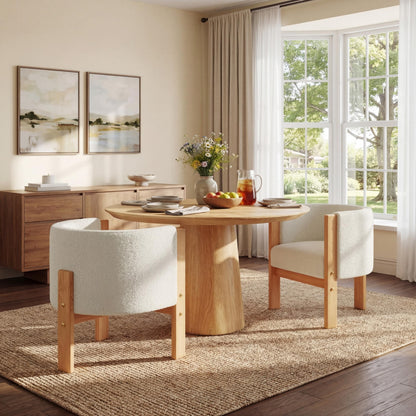 Christopher Knight Home Annie Modern Boucle Upholstered Dining Chairs Set of 2, Wooden Dining Room Armchair, Curved Backrest Kitchen Chairs, Living Room Accent Chair for Extra Seat, Natural + White