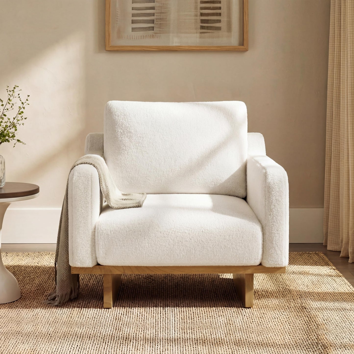Christopher Knight Home Modern Minimalist Accent Chair with Solid Wood Frame Soft Cushions Spacious Seat Living Room Bedroom Reading Chair, White