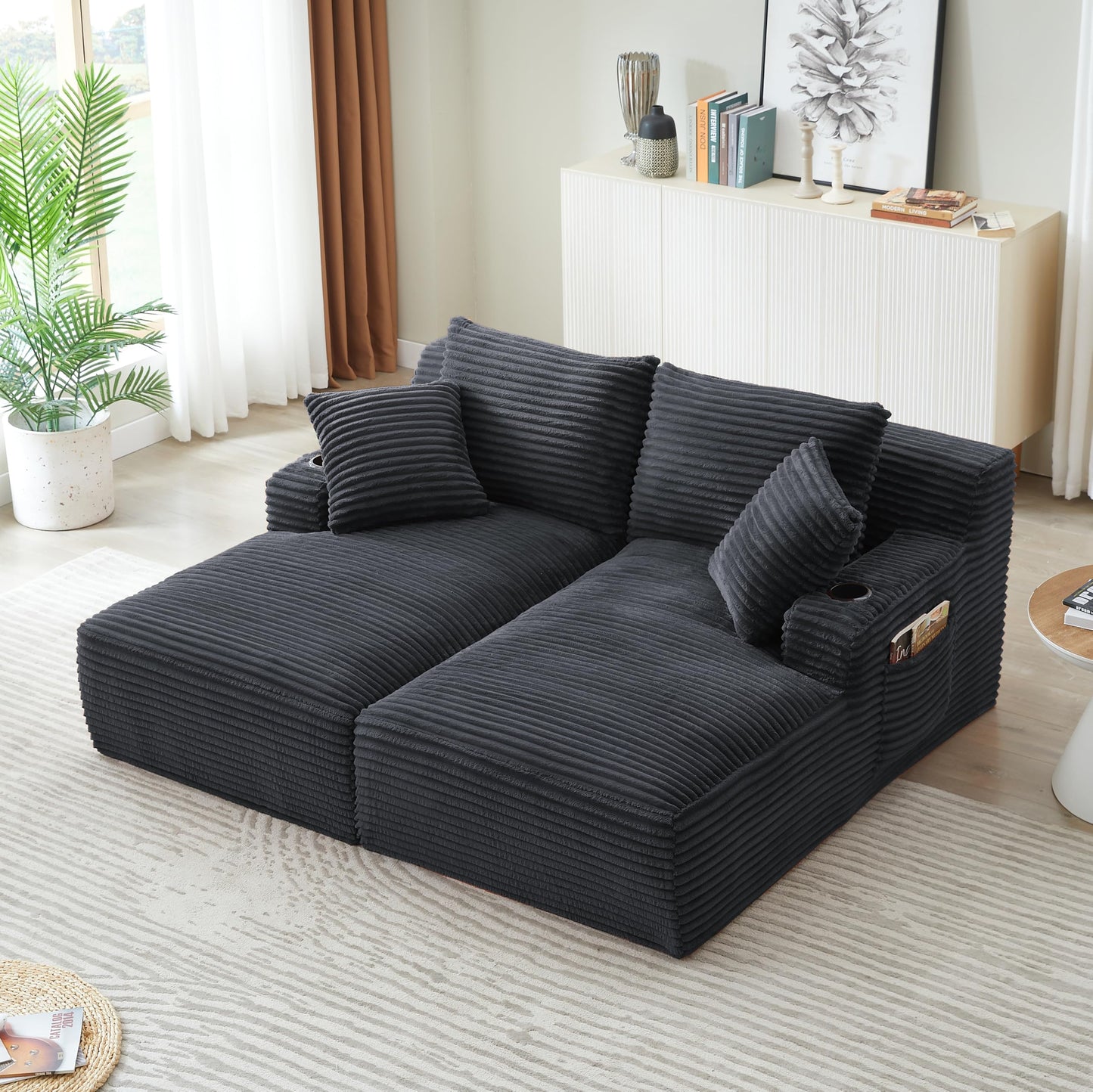 Eafurn Oversized Double Chaise Lounge Indoor with Cup Holders & Side Pocket, 71" Plush Corduroy Boneless Chaise Lounge Sofa with High Density Sponge & Deep High Seat Comfy Sleeper Couch Bed