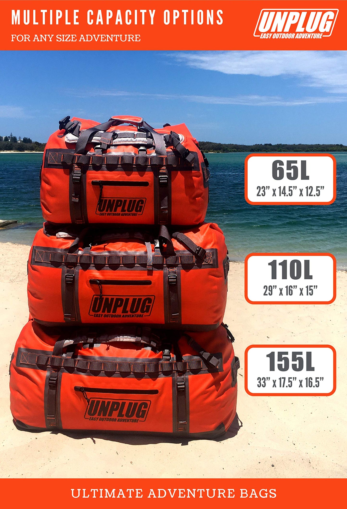 UNPLUG Ultimate Adventure | 1680D Heavy Duty Waterproof Bag | Large Travel Bag which can be Used for Camping, Motorcycling, Boating, or Hunting|155L Adventure Orange