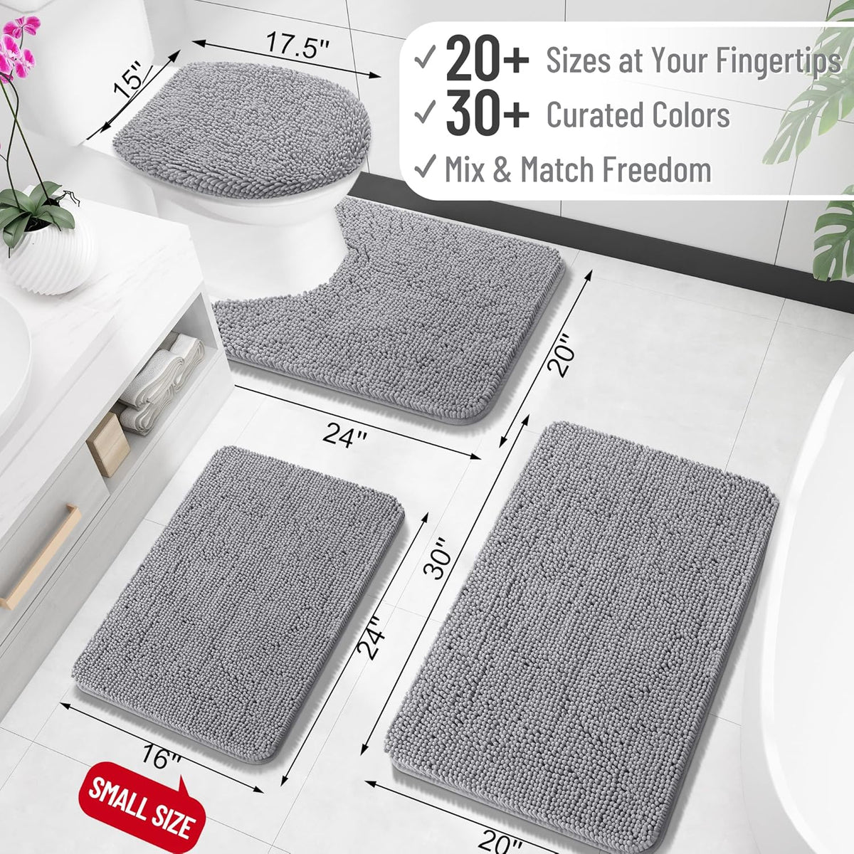 OLANLY Bathroom Rugs - Extra Soft Chenille Bath Mats with Rubber Backing | Quick Dry, Machine Washable, 30x20, Grey