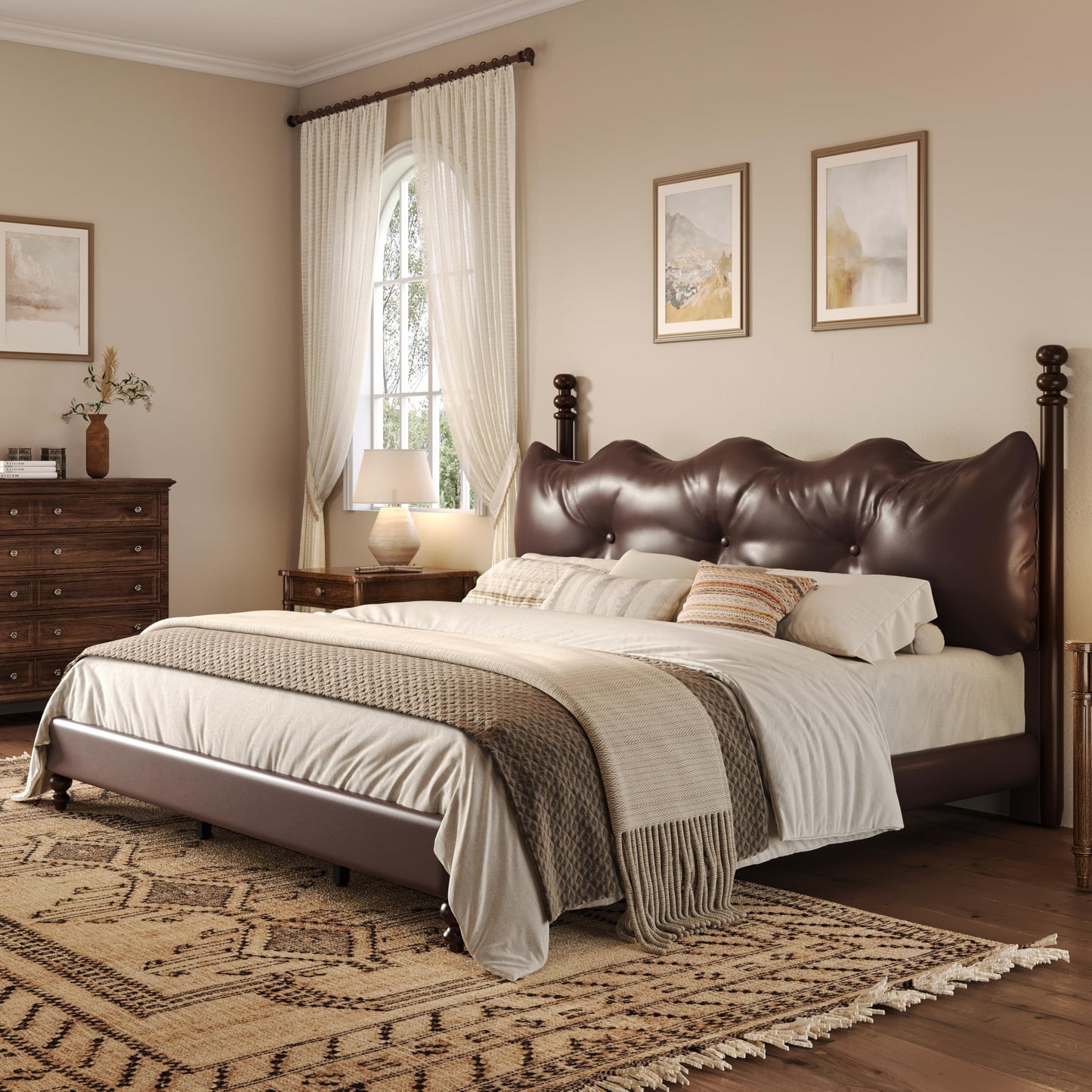 Christopher Knight Home Calka Classic King Bed Frame and Headboard, PU Leather Upholstered King Size Bed Frame with Tufted Design, Wooden Slats Support, No Box Spring Needed Bedframe, Dark Brown
