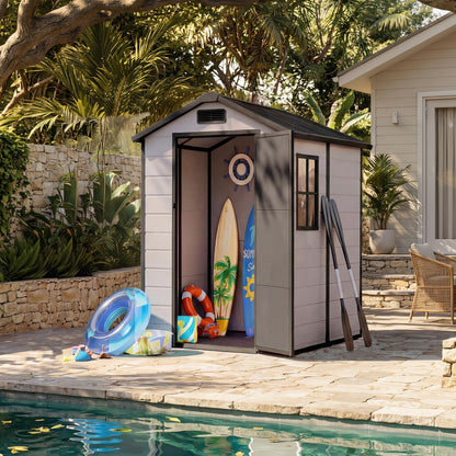 Outdoor Storage Shed with Floor, Plastic Resin Garden Shed with Window & Sloping Roof & Lockable Door for Patio Backyard Garden, Lawn Mower, Bike, Tool Storage (Grayish White + Black, 4' x 6')