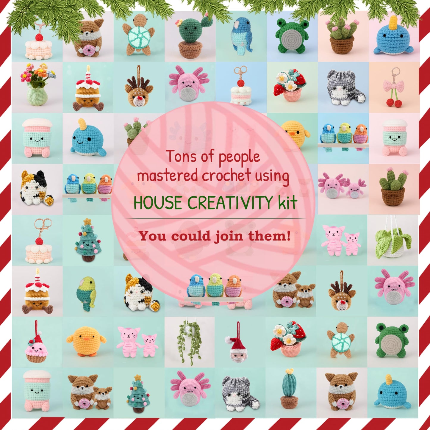 HOUSE CREATIVITY Crochet Kit for Beginners – Make a Christmas Tree & Cupcake, Amigurumi Crochet Starter Kit with Video Tutorial, Yarn & Hook, DIY Holiday Ornament & Cute Desk Decor Gift