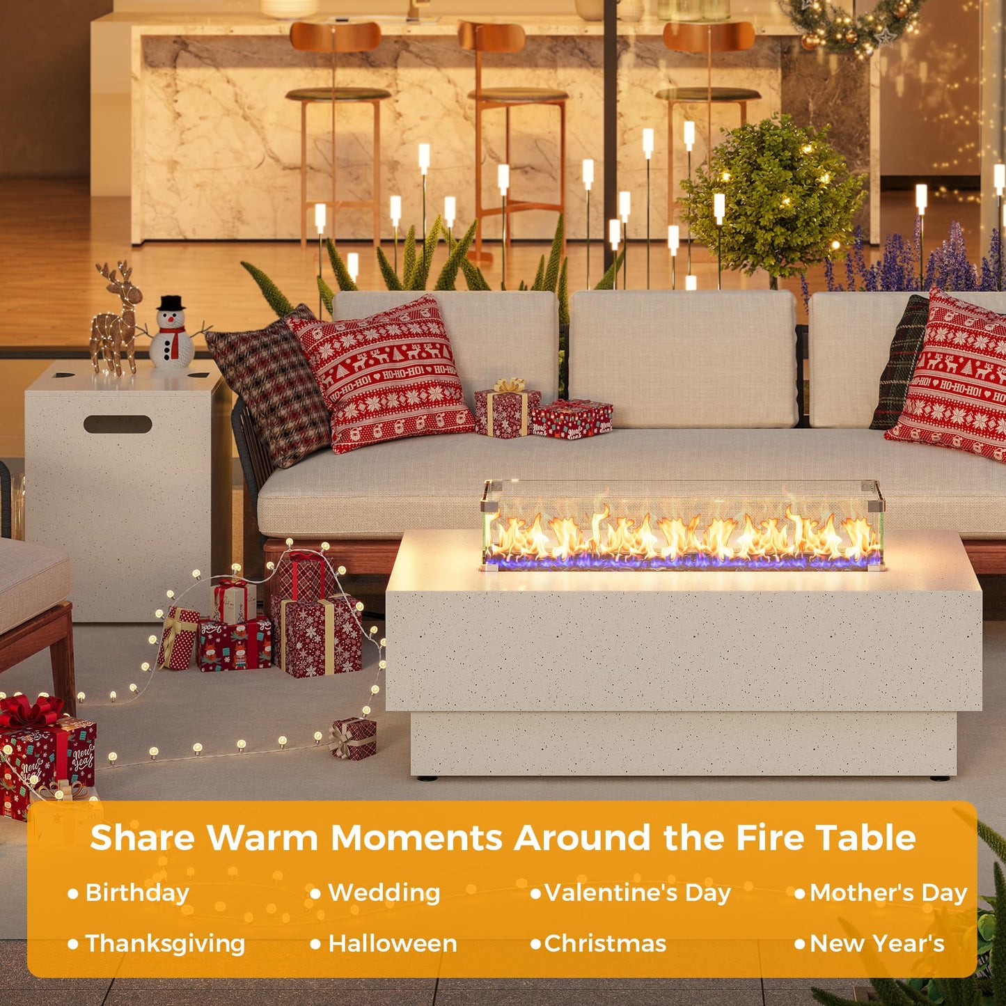 IRONCK 43-inch Outdoor Propane Fire Pit Table w Tank Table, CSA Certified, 2 in 1 Rectangular Patio Fire Pit w Glass Rocks, Wind Guard and Cover, 50000 BTU Outdoor Heater for Garden, Pool, White
