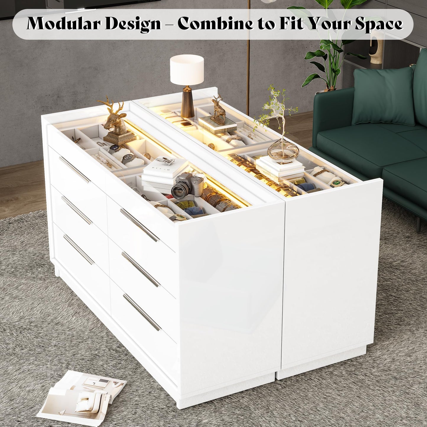 AMERLIFE 47.2" W 8 Drawer Dresser with LED Light & Glass Top, Modern High Gloss Storage Chest with 2 Jewelry Drawers, Storage Organizer for Bedroom, White