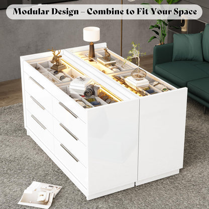 AMERLIFE 47.2" W 8 Drawer Dresser with LED Light & Glass Top, Modern High Gloss Storage Chest with 2 Jewelry Drawers, Storage Organizer for Bedroom, White