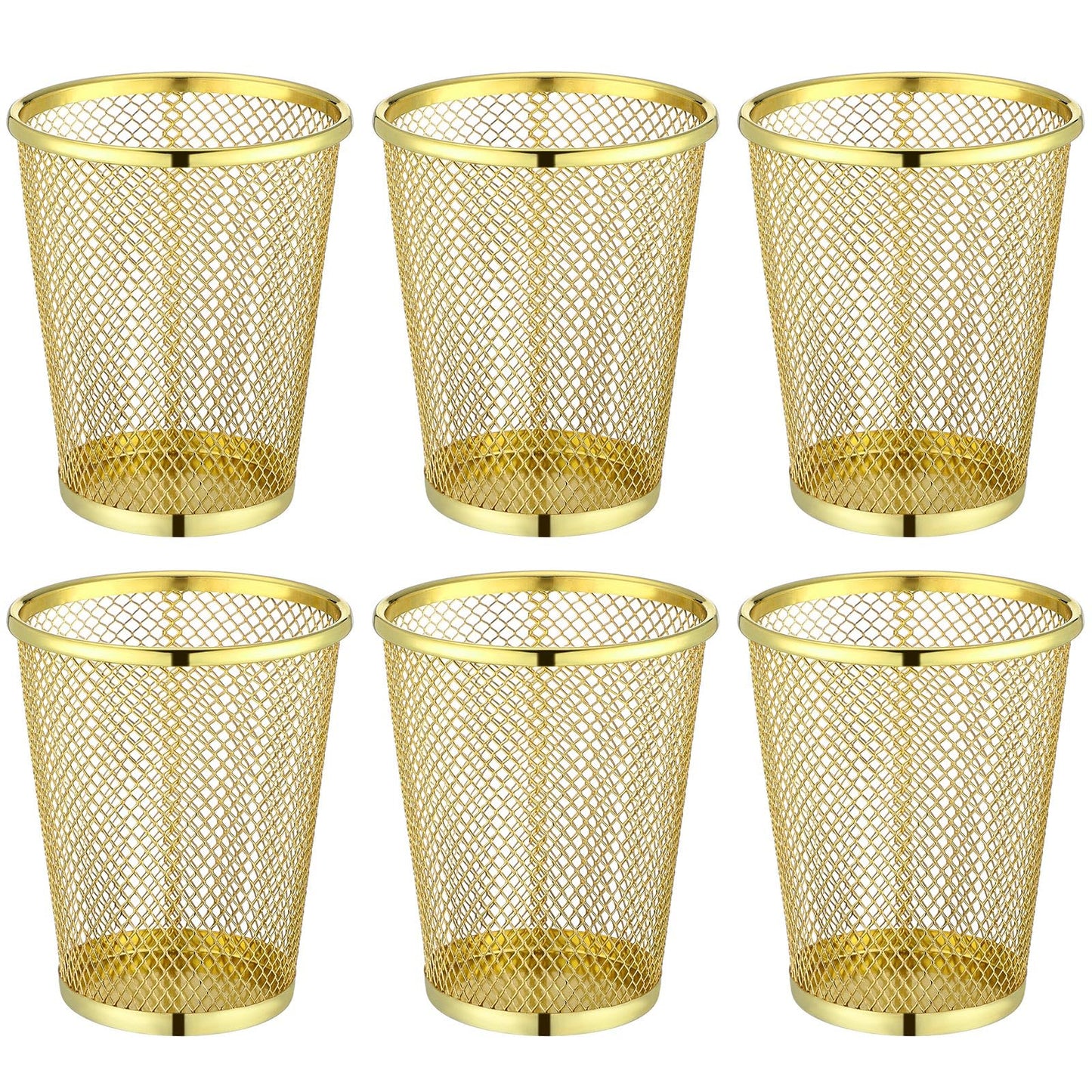 Poola Voidra 6 Pcs Gold Mesh Pen Holders Bulk Metal Pencil Makeup Brushes Cups Back to School Supplies Round Golden Organizer Golden for Desk Home Office Classroom Students Teachers Staff