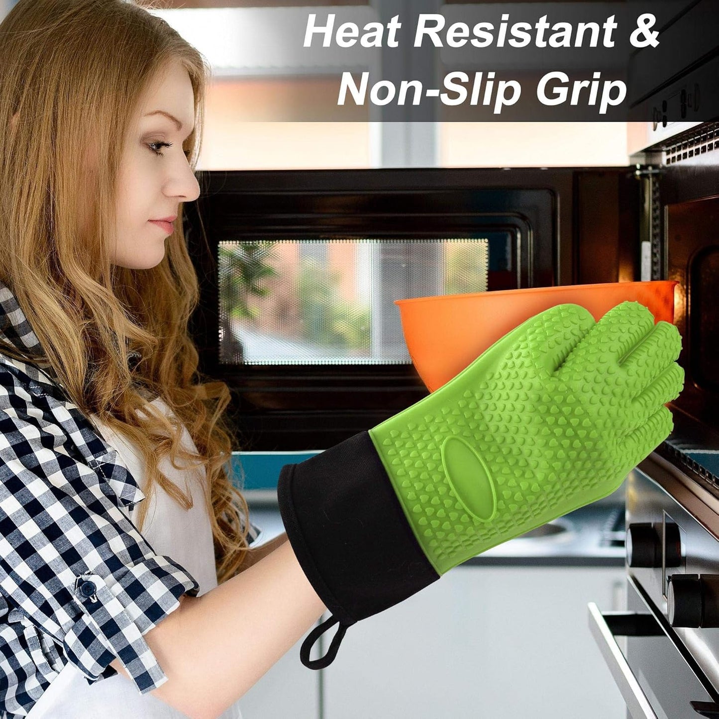 uxcell Silicone Oven Mitts, Heat Resistant Gloves, Non-Slip Grip, Kitchen Hand Protection, Green, 1 Pair
