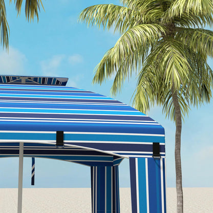 leoglint 5.8' x 5.8' Portable Beach Outdoor Umbrella with Double-Top, Ruffled Outdoor Cabana with Walls, Vents, Sandbags, Carry Bag, Blue Stripe