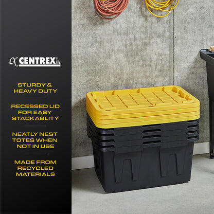CX Black & Yellow 4-Tier Heavy Duty Storage Shelves and 8 Heavy Duty Storage Bins with Lids, 4 Shelves that Support up to 200lbs/shelf + 27 Gallon Containers (8-Pack), Organization and Storage