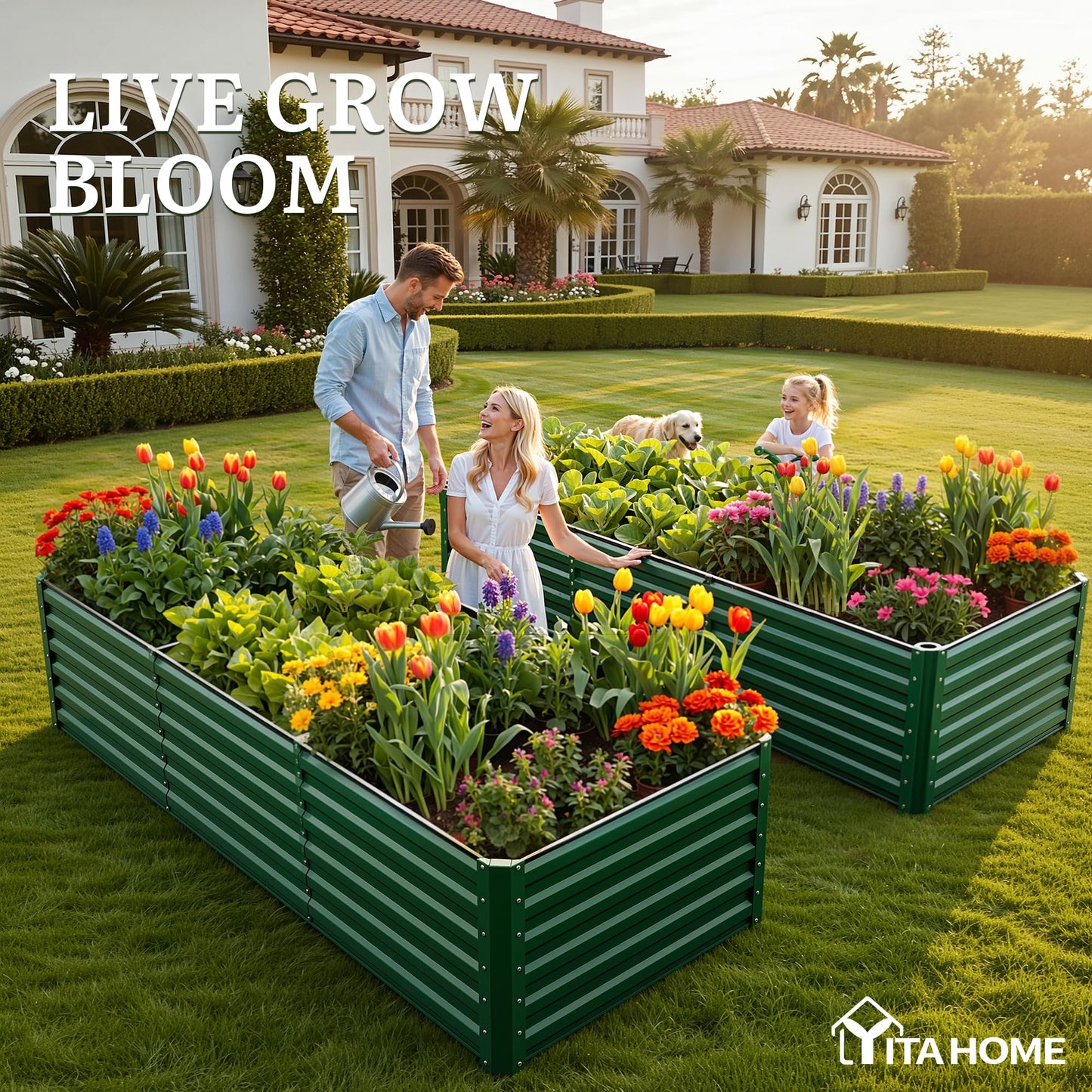 YITAHOME 4pcs 8x4x2 ft Galvanized Raised Garden Bed Kit, Large Metal Planter Box with Gloves, Safety Rubber & Support Rod, Outdoor Flower Bed for Plants Vegetables, Green
