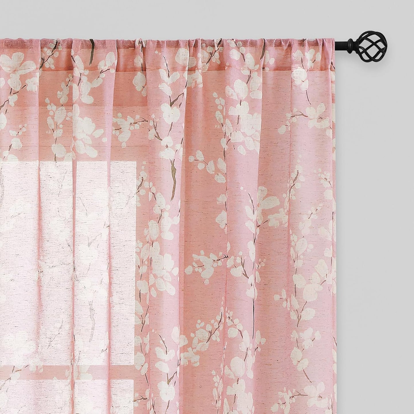 FMFUNCTEX Linen Sheer Curtains, Blush Pink Blossom Patterned, 96 Inches Long, Floral Drapes for Kids Room and Living